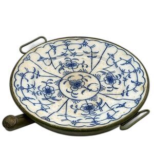 Antique Warming Dish Porcelain White Blue Plate Metal Water Base Germany/Meissen